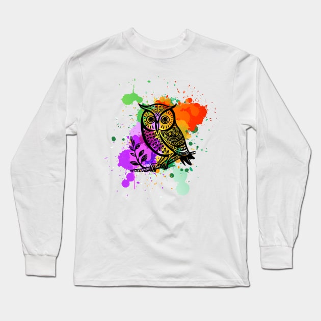 Owl with paint splash Long Sleeve T-Shirt by Puddle Lane Art